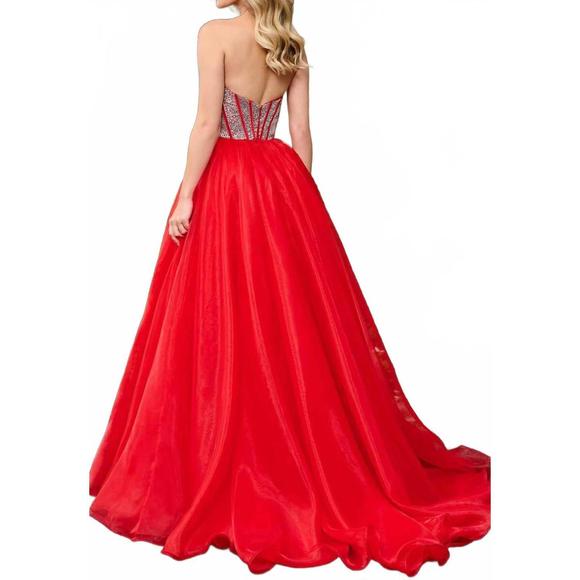 NEW RACHEL ALLAN rhinestone beaded corset ball gown in red - Picture 2 of 3